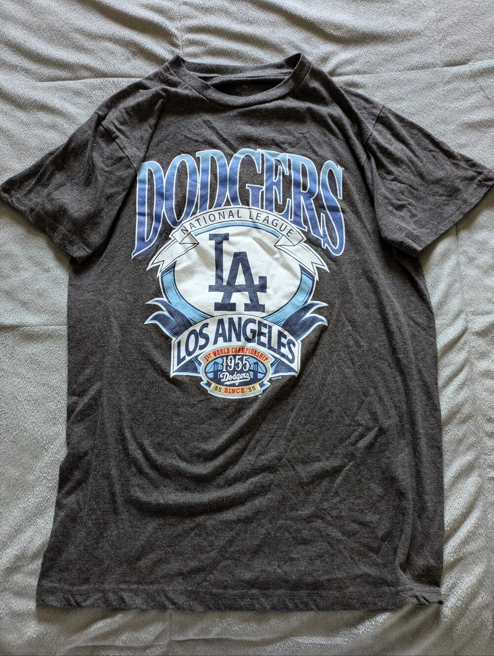 Vintage Los Angeles Dodgers Charcoal Tee with Blue and White Crest.